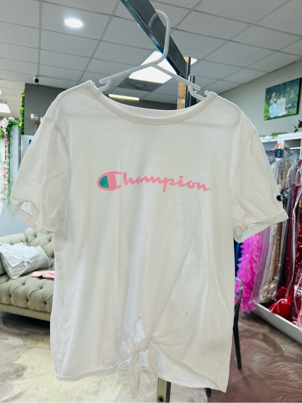 Champion White Short-Sleeve Tie-Front Tee with Pink Logo